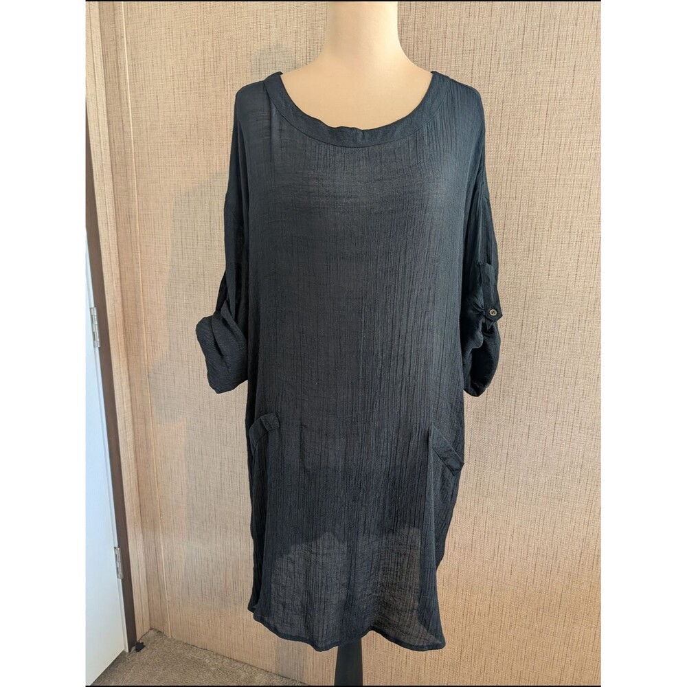 Umgee Black Crinkled Midi Tunic Dress with Roll-Tab Sleeves
